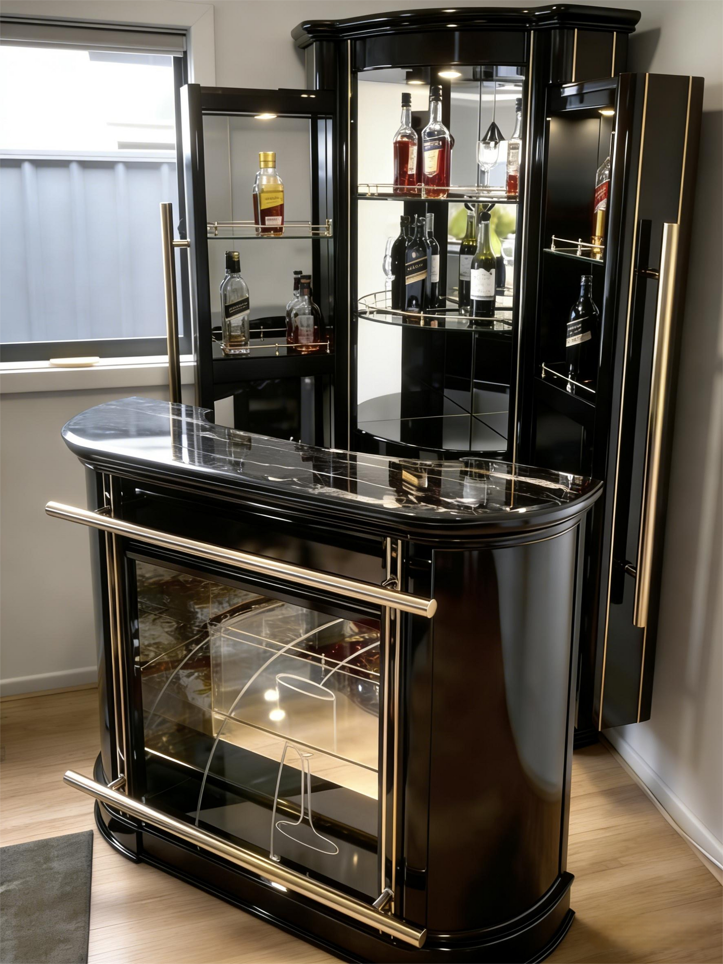 Modern Ultra-Luxury Black & Gold Bar & Wine Cabinet Set