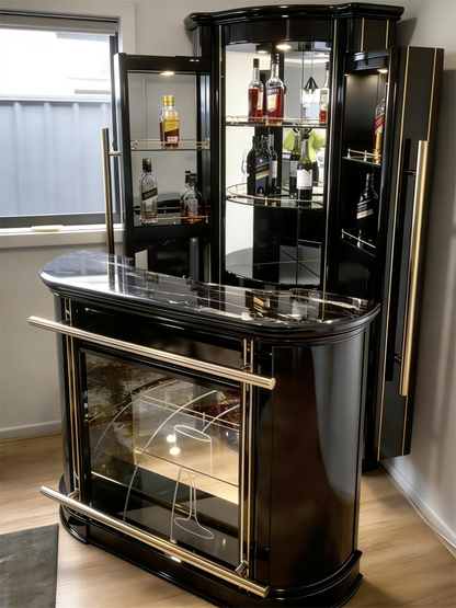 Modern Ultra-Luxury Black & Gold Bar & Wine Cabinet Set