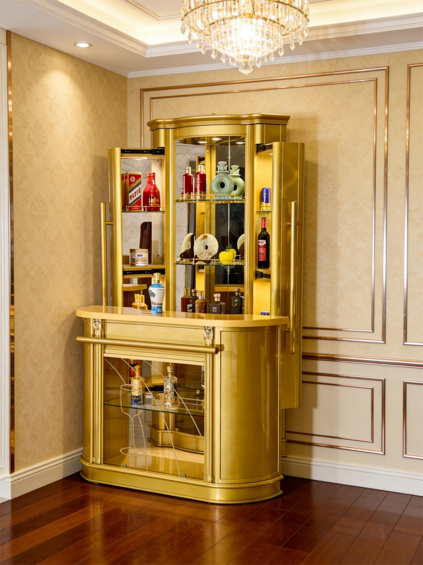 European Palace Gilt Bronze Ultra-Luxury Bar & Wine Cabinet Set
