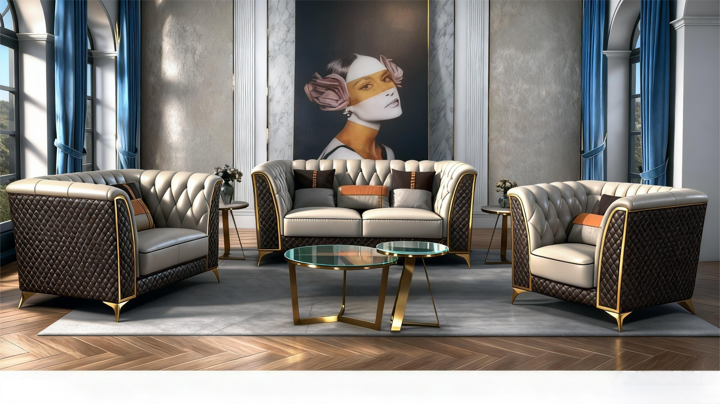 French Luxury Brown & White Contrast Genuine Leather Sectional Sofa