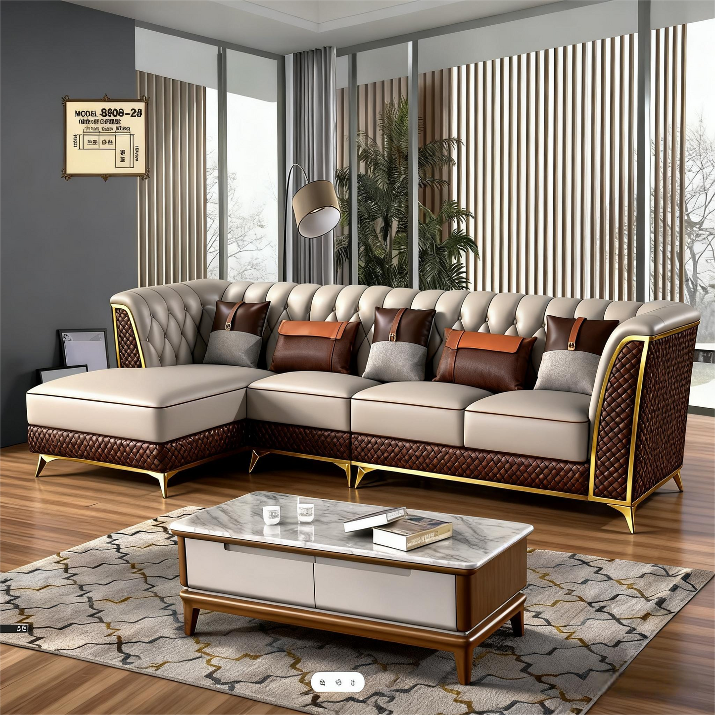 Luxury L-Shaped Leather & Fabric Sectional Sofa
