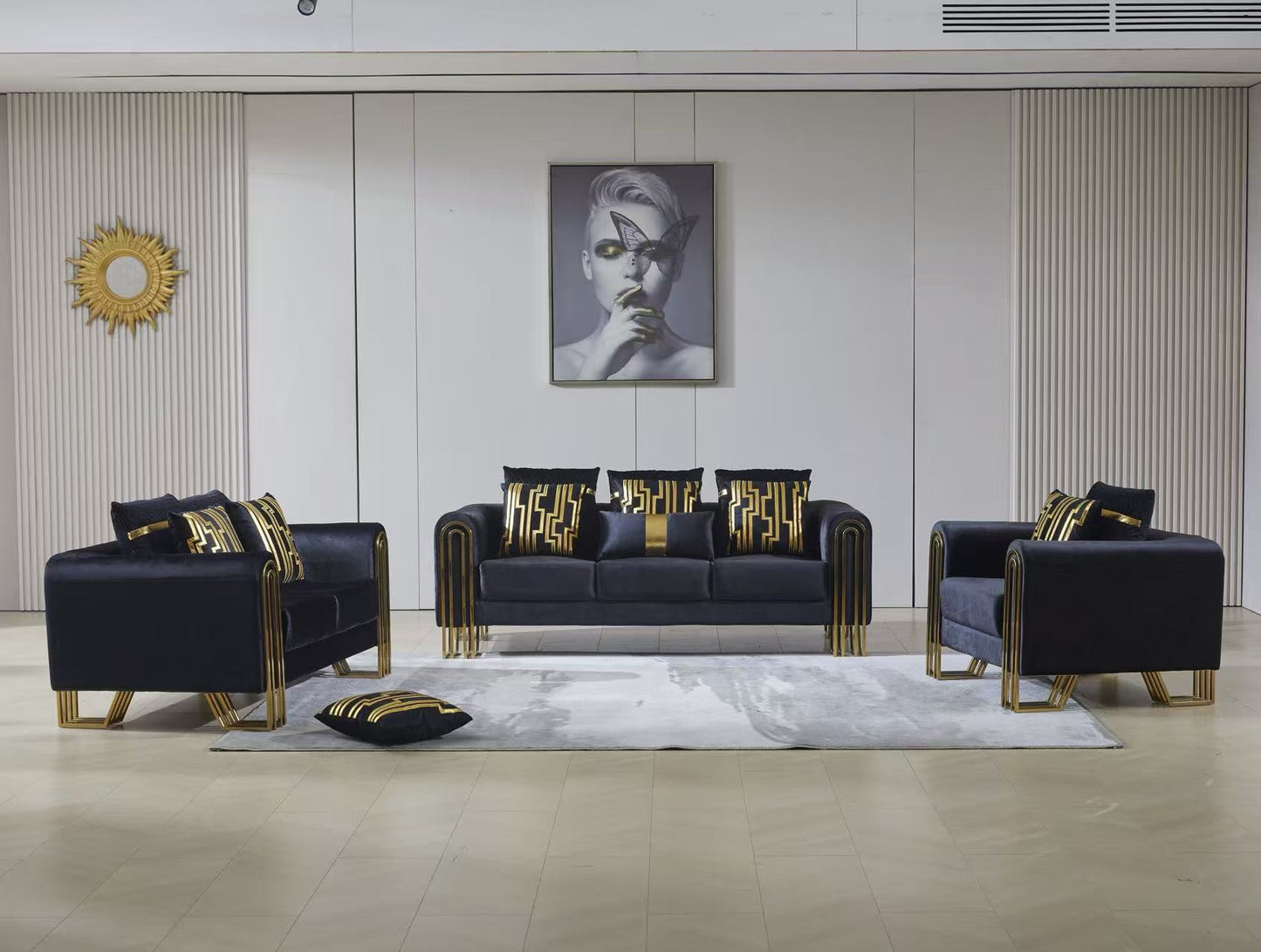 Modern Luxury Blue & Gold Velvet Sofa Set