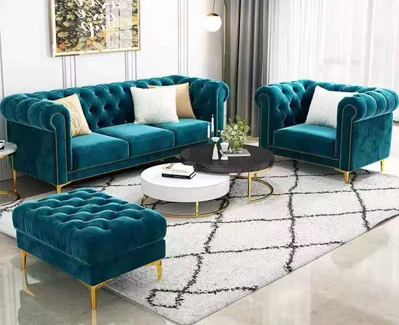 American Luxury Peacock Blue Velvet Sectional Sofa