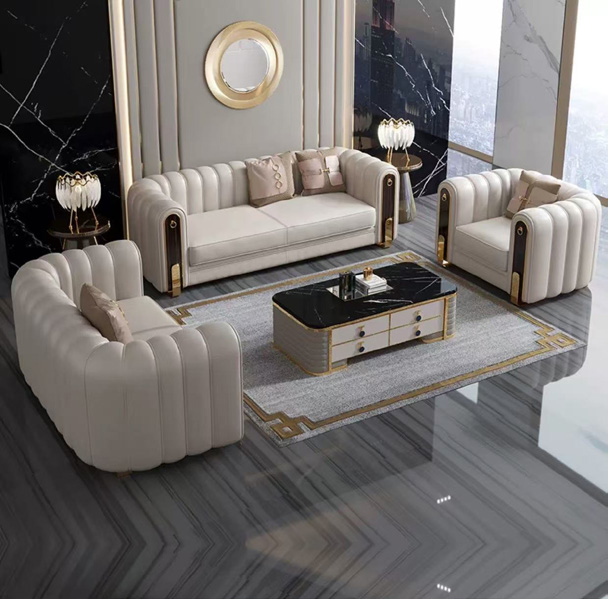 Italian Luxury Cream White Genuine Leather Sectional Sofa