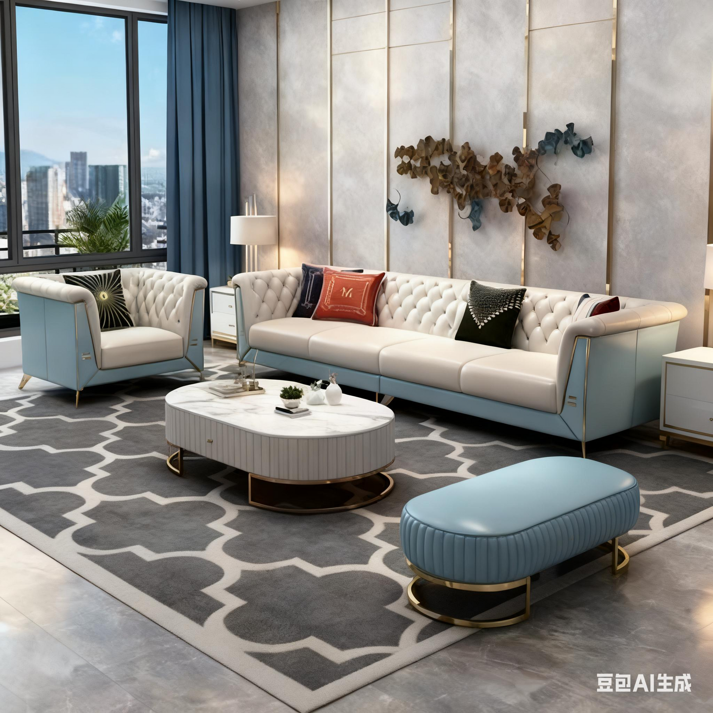 Italian Luxury Blue & White Contrast Genuine Leather Sectional Sofa