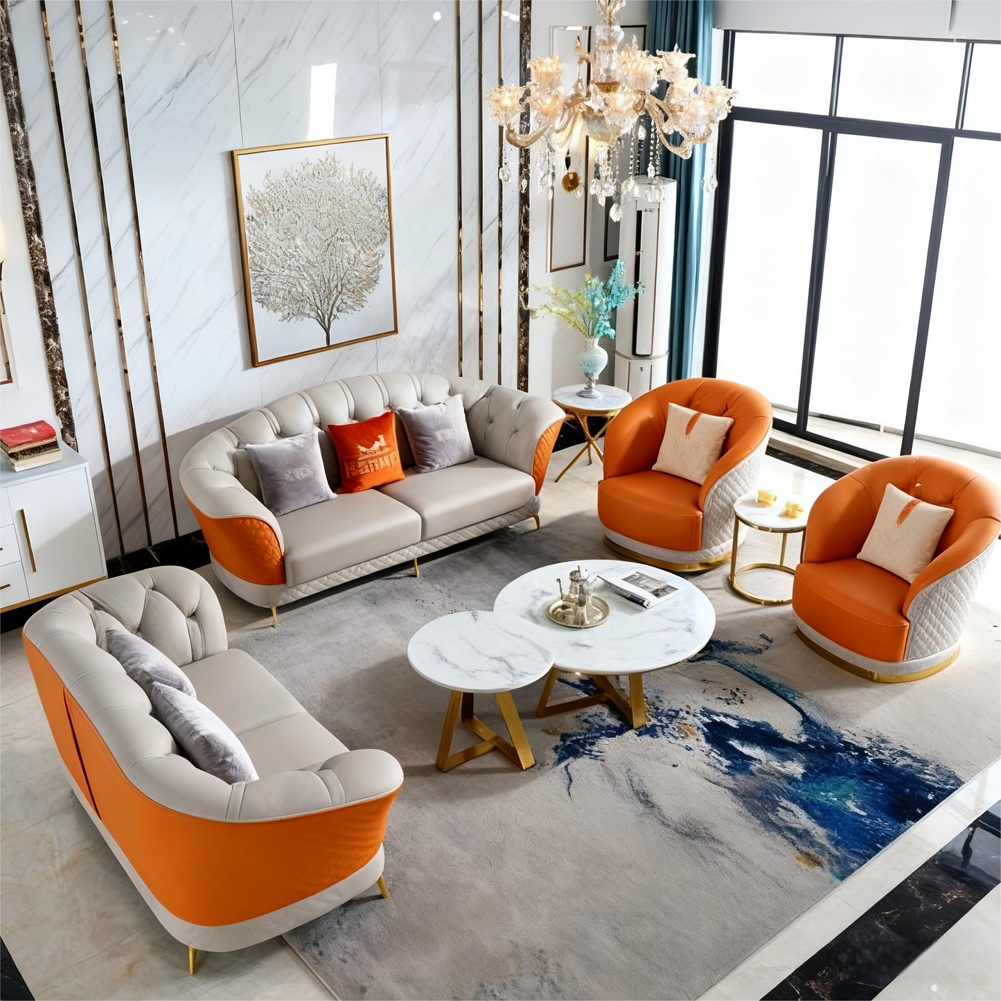 Italian Luxury Orange & White Contrast Genuine Leather Sectional Sofa