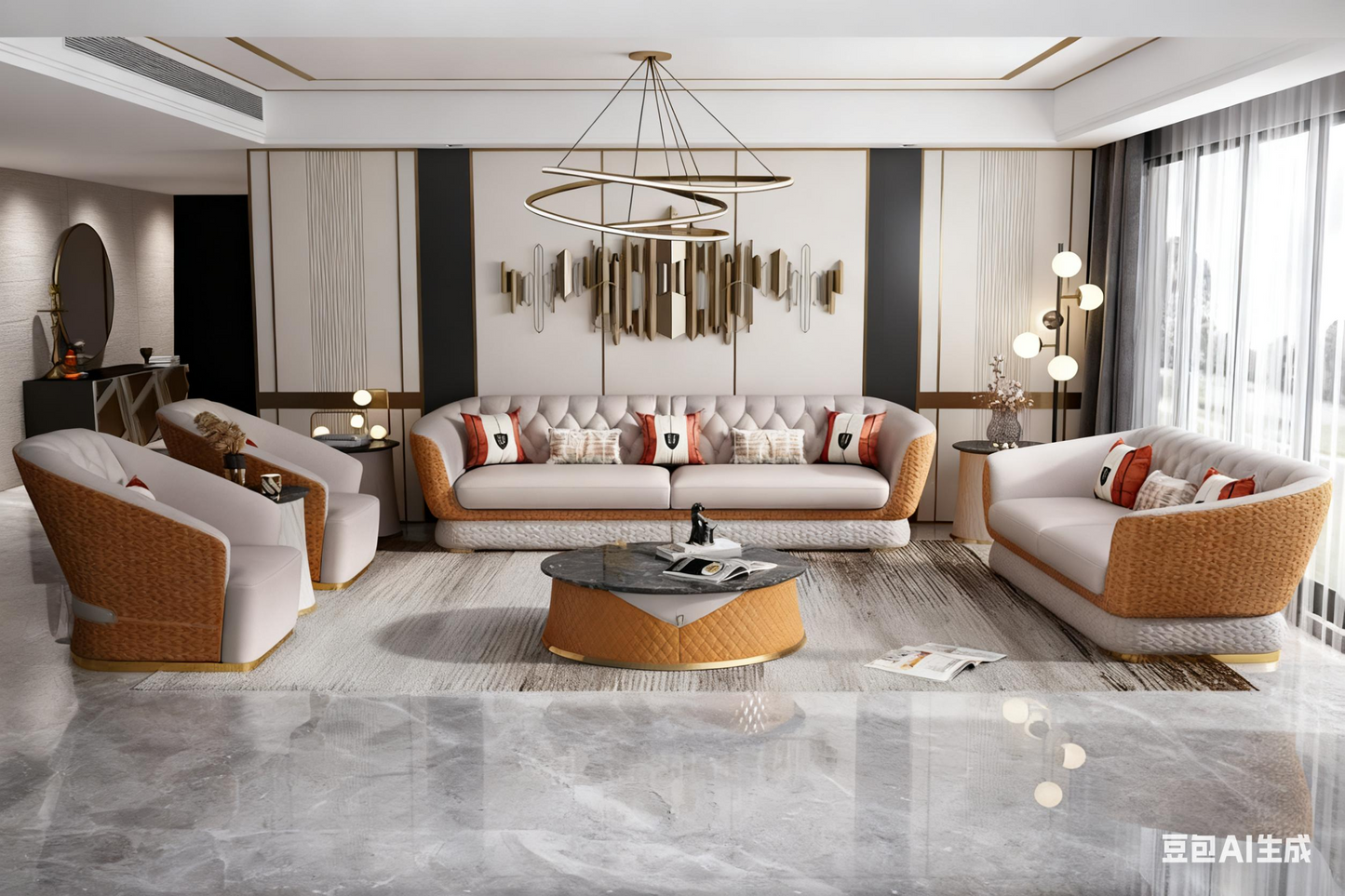 Modern Luxury Woven Rattan & Genuine Leather Sectional Sofa