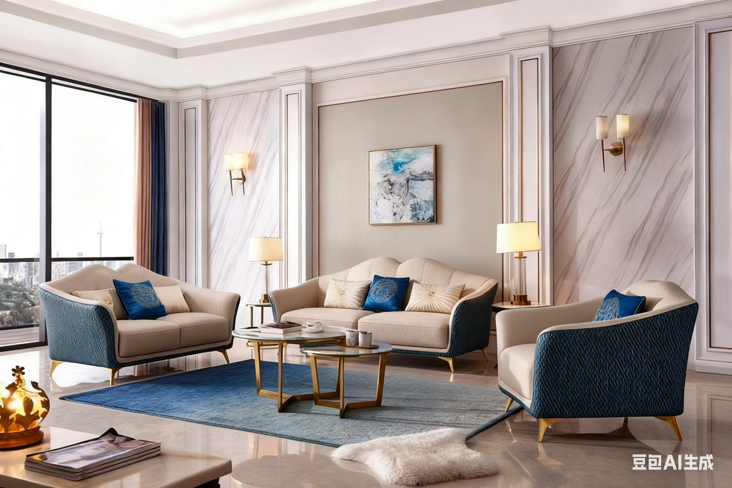 French Luxury Contrast Color Fabric Sectional Sofa
