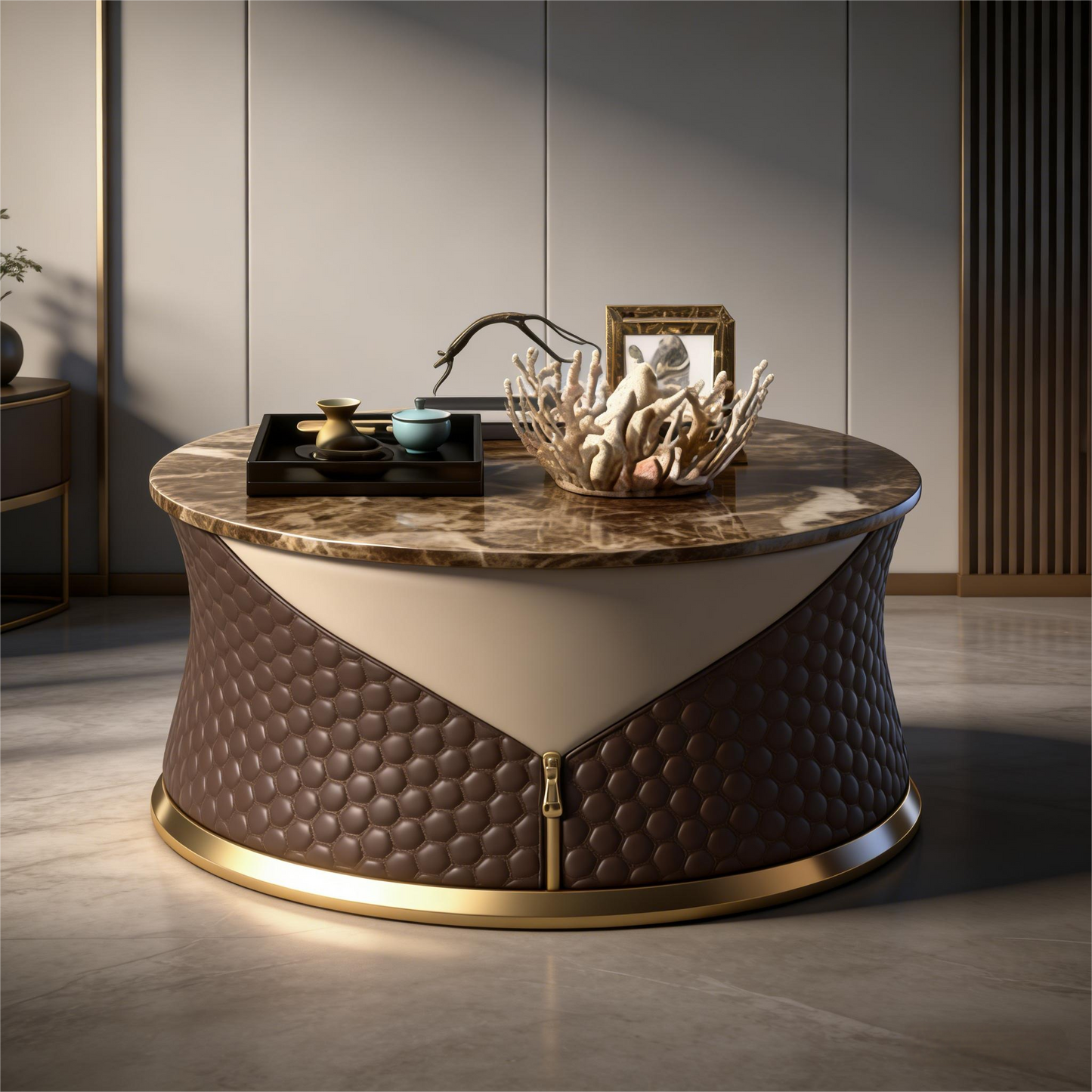 Italian Luxury Quilted Leather Round Coffee Table