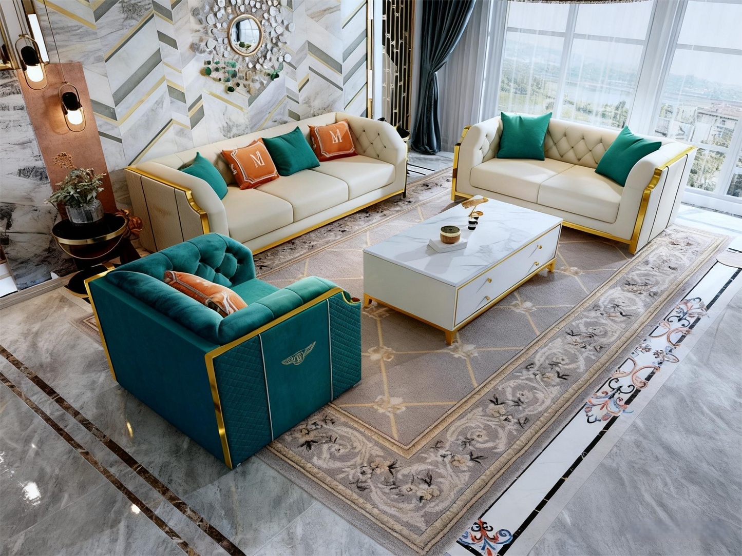 Italian Luxury Peacock Blue Velvet Sectional Sofa