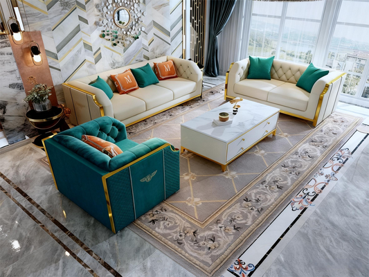 Italian Luxury Peacock Blue Velvet Sectional Sofa