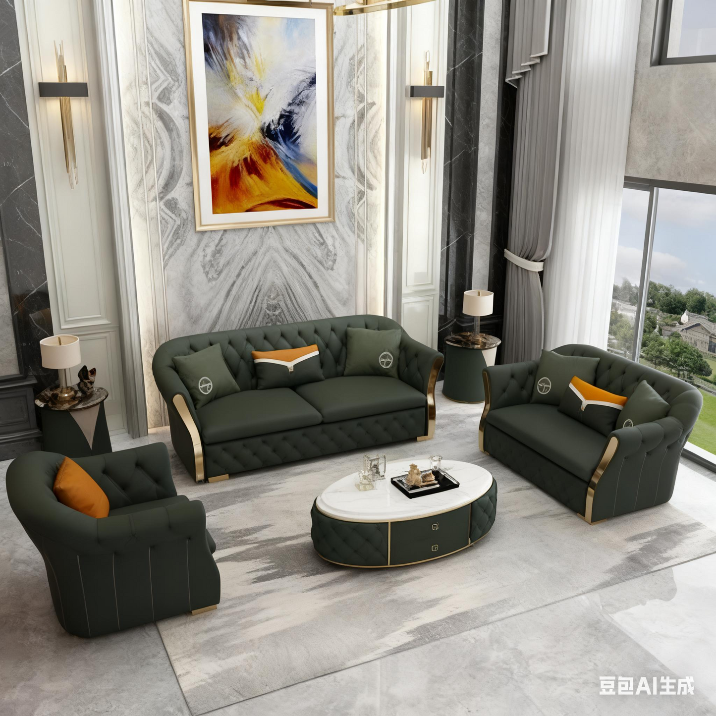 Italian Luxury Forest Green Genuine Leather Sectional Sofa