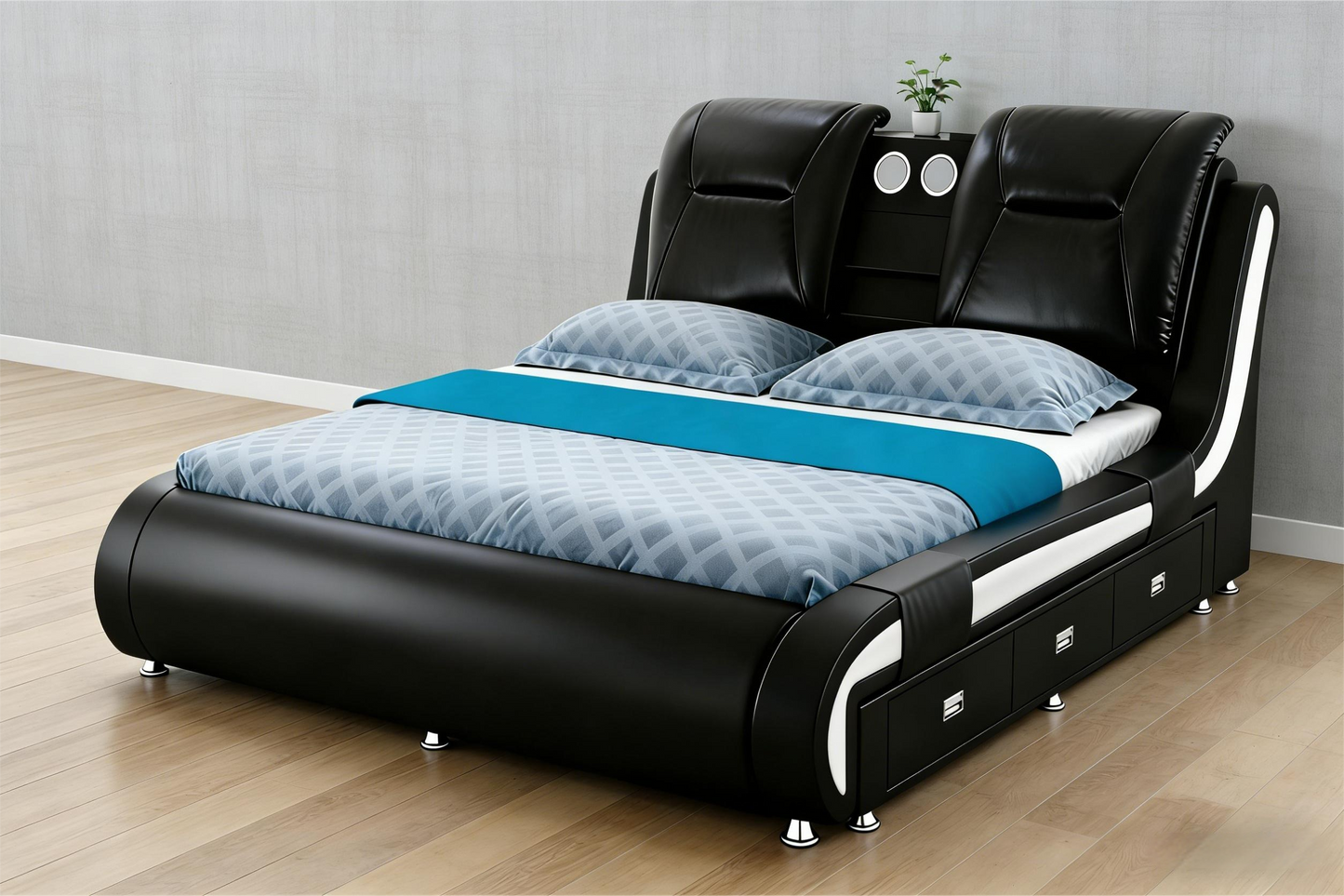 Modern Functional Black Leather Upholstered Storage Bed