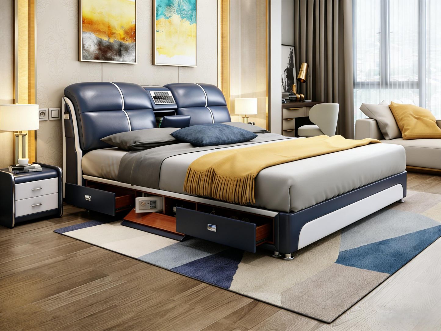 Multifunctional Smart Storage Leather Bed