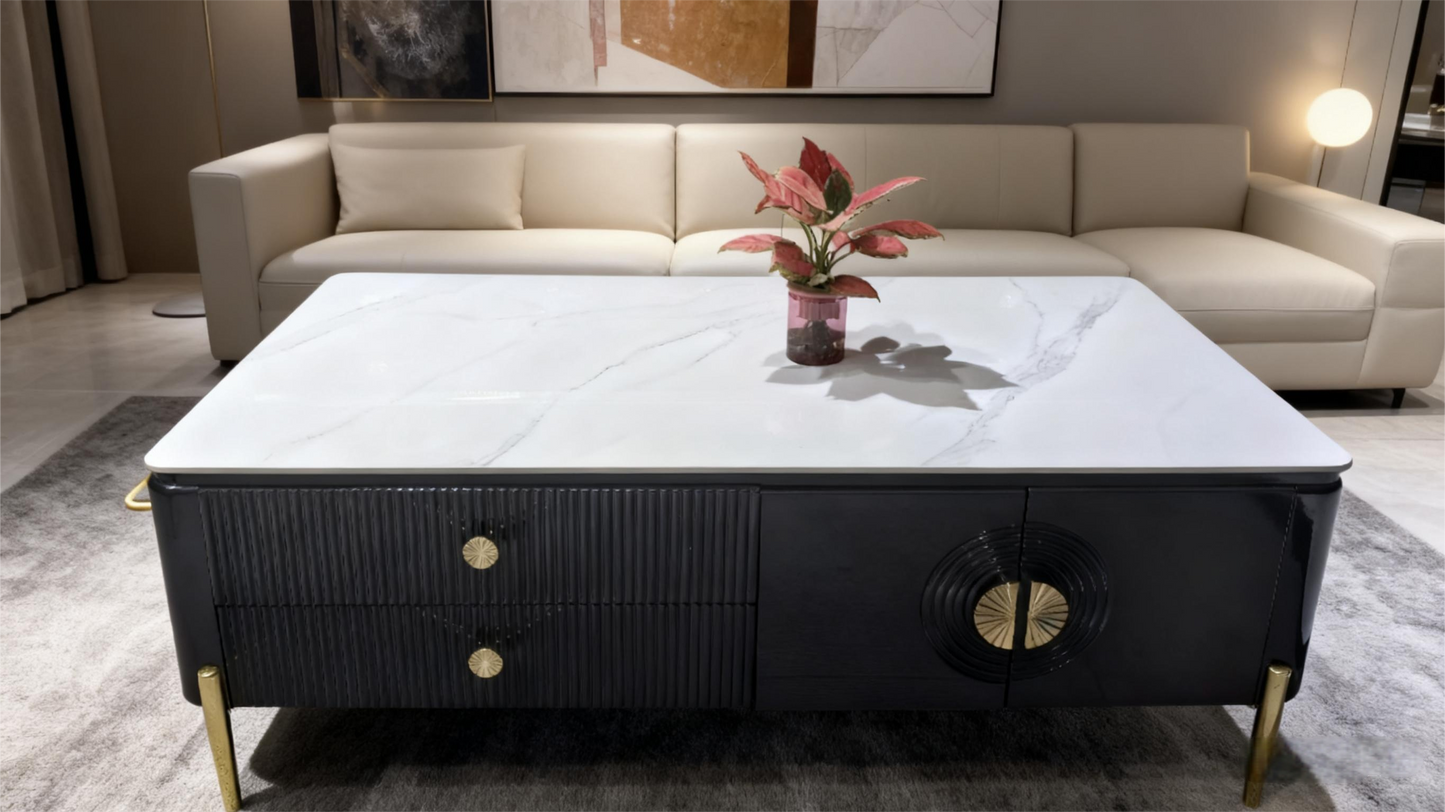 White Stone-Plate Coffee Table with Drawers
