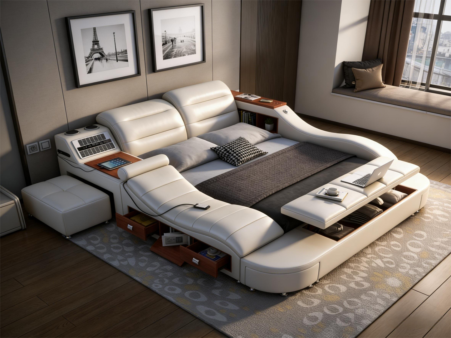 Cream White Multifunctional Smart Bed