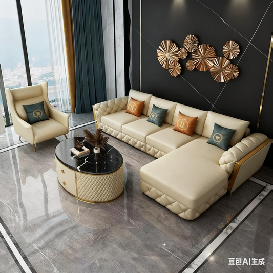 Italian Luxury L-Shaped Cowhide Leather Sectional Sofa