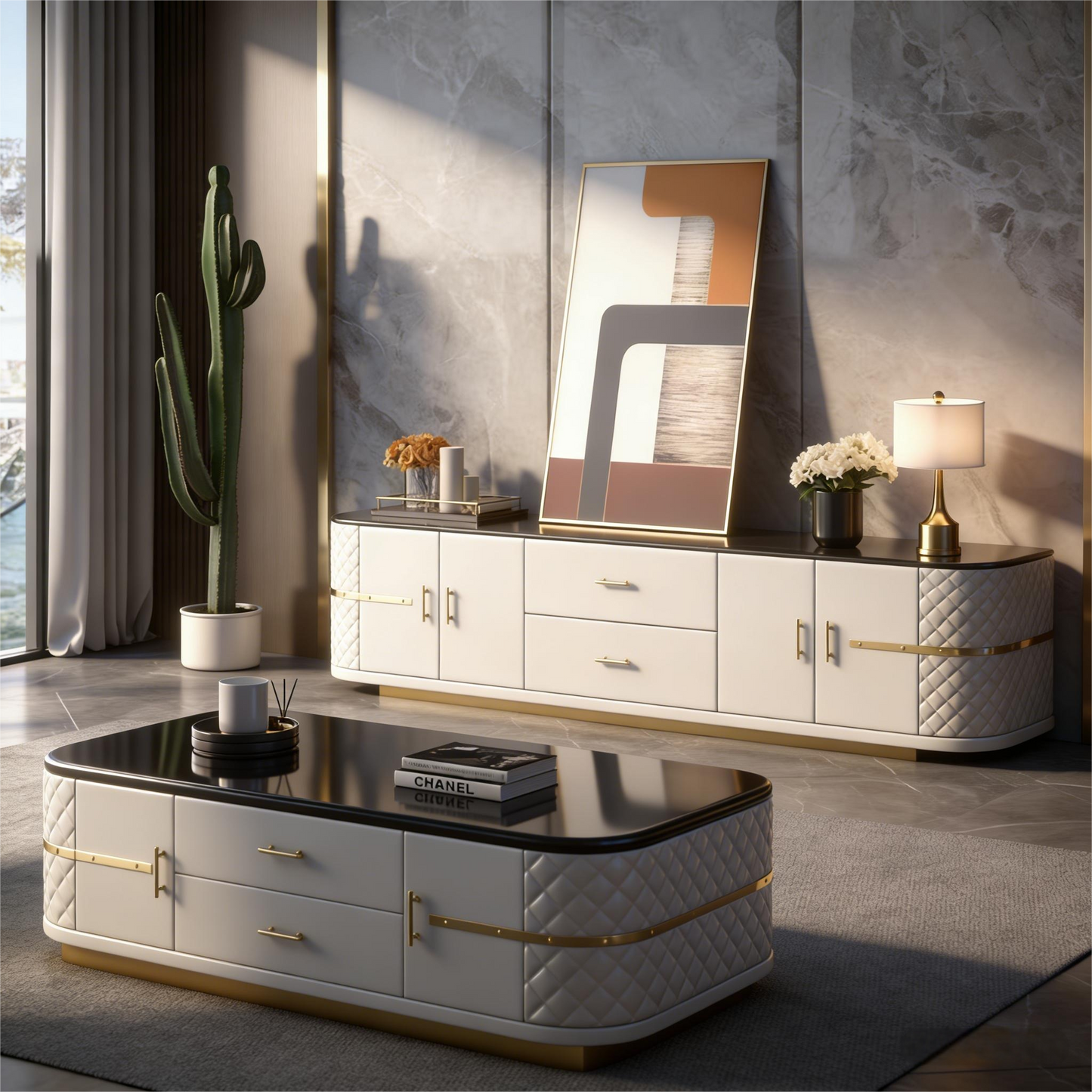 Italian Luxury Marble Coffee Table & TV Cabinet Set