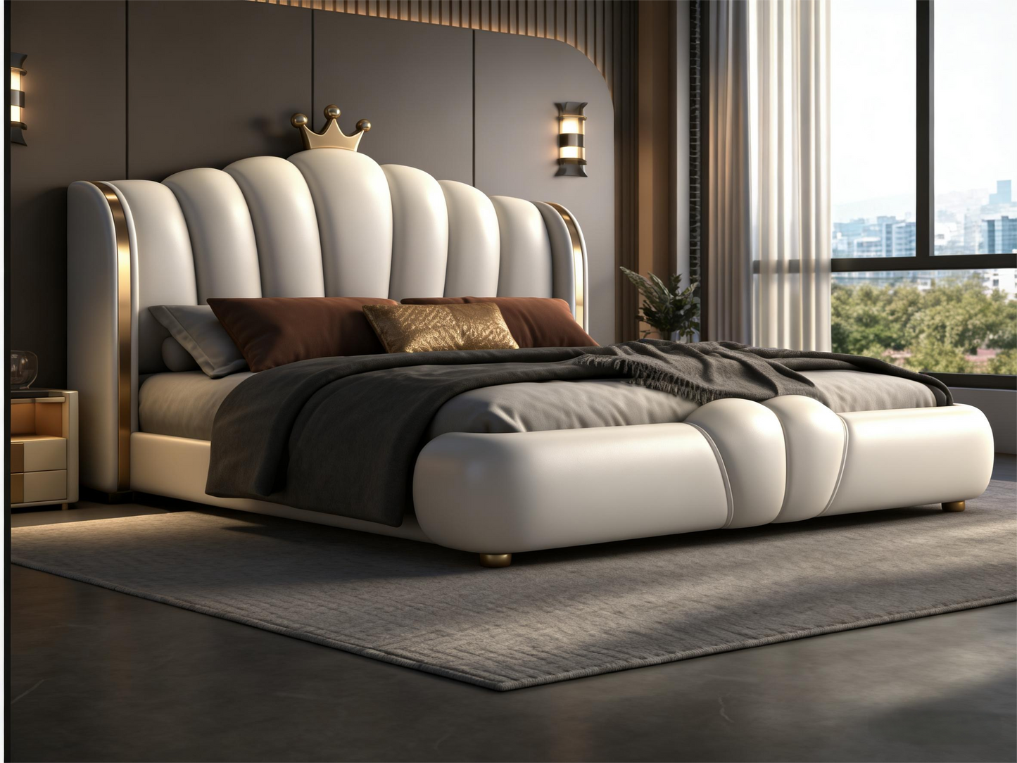 A Light Luxury Bed With A Crown-Shaped Headboard