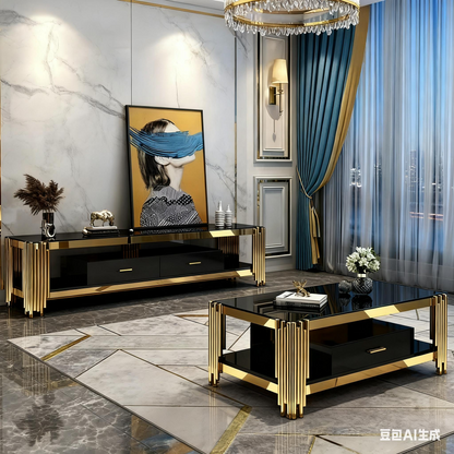 Black Tempered Glass TV Cabinet with Drawers