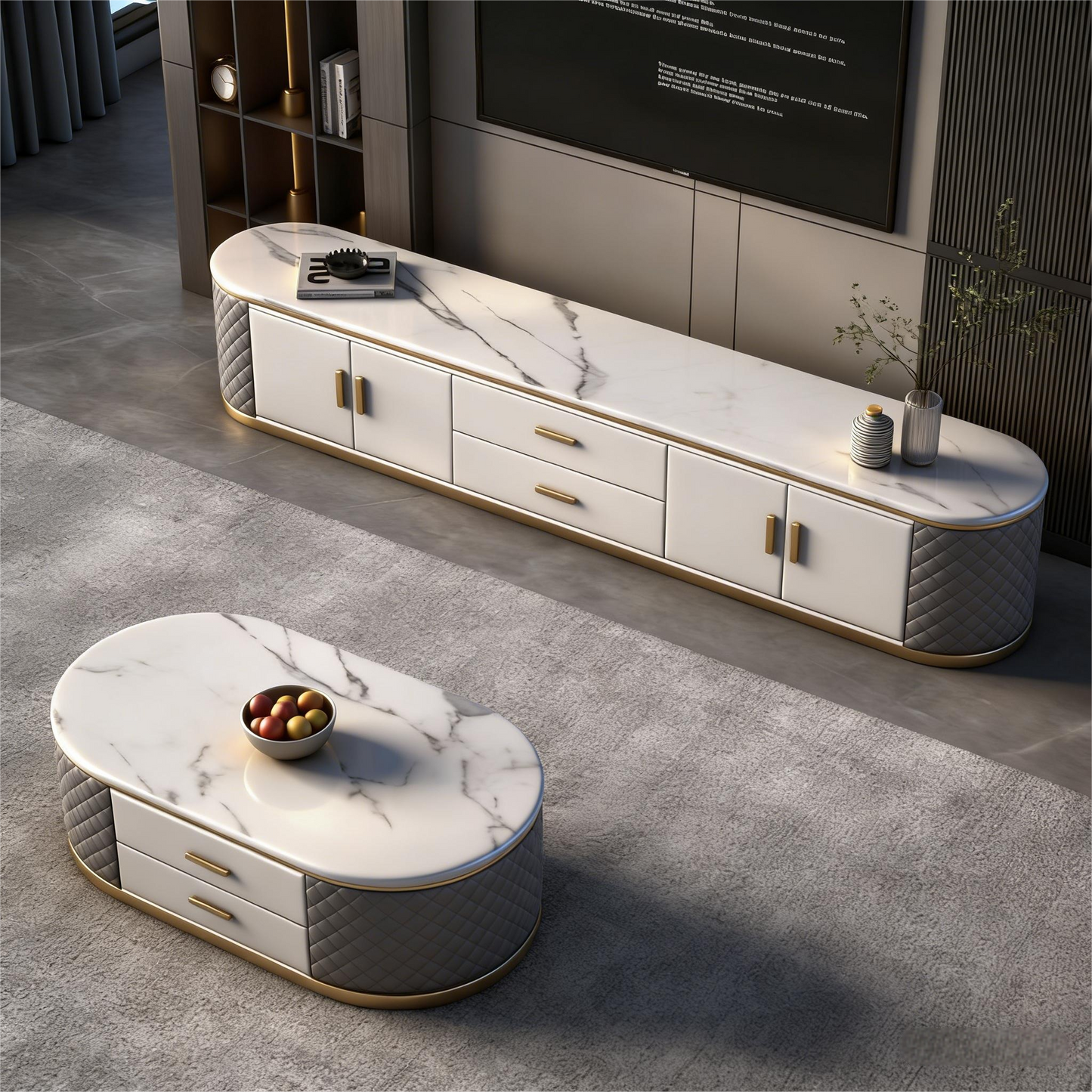 Postmodern Luxury Marble Coffee Table & Media Console Set