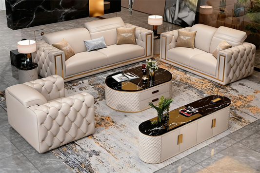 Italian Ultra-Luxury Quilted Cream White Genuine Leather Sectional Sofa