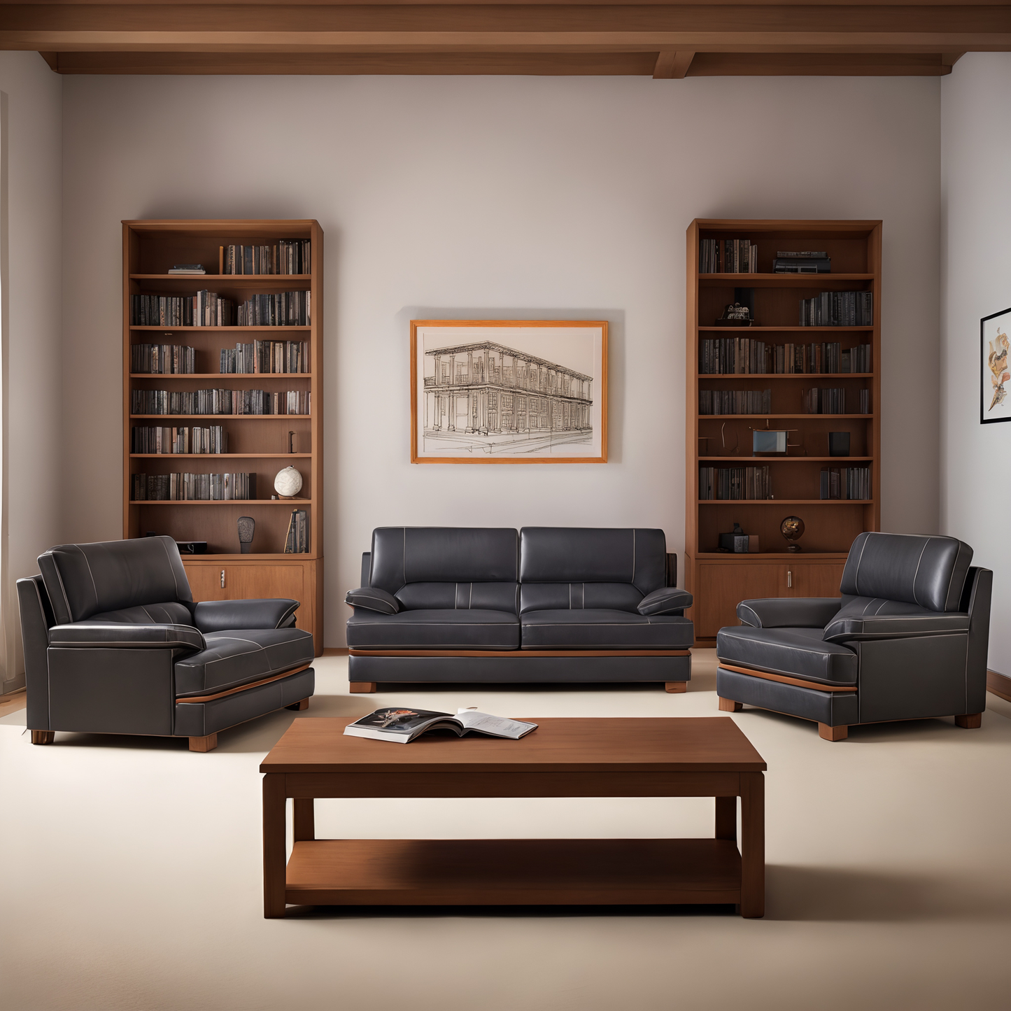 Modern Minimalist Solid Wood & Genuine Leather Sofa