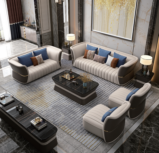 Modern Luxury Beige & Brown Contrast Genuine Leather Sectional Sofa