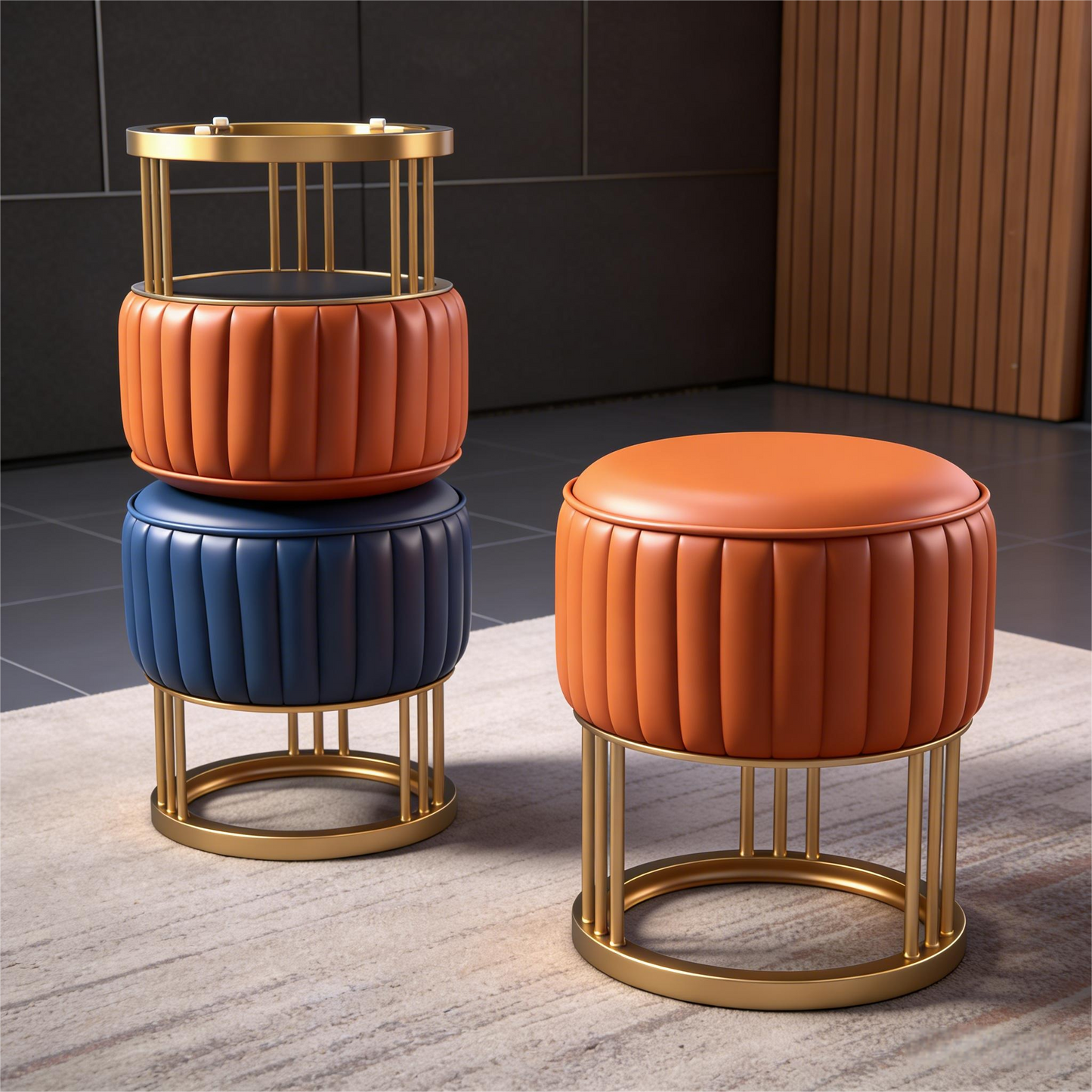 Luxury Style Metal Frame Leather Round Stool