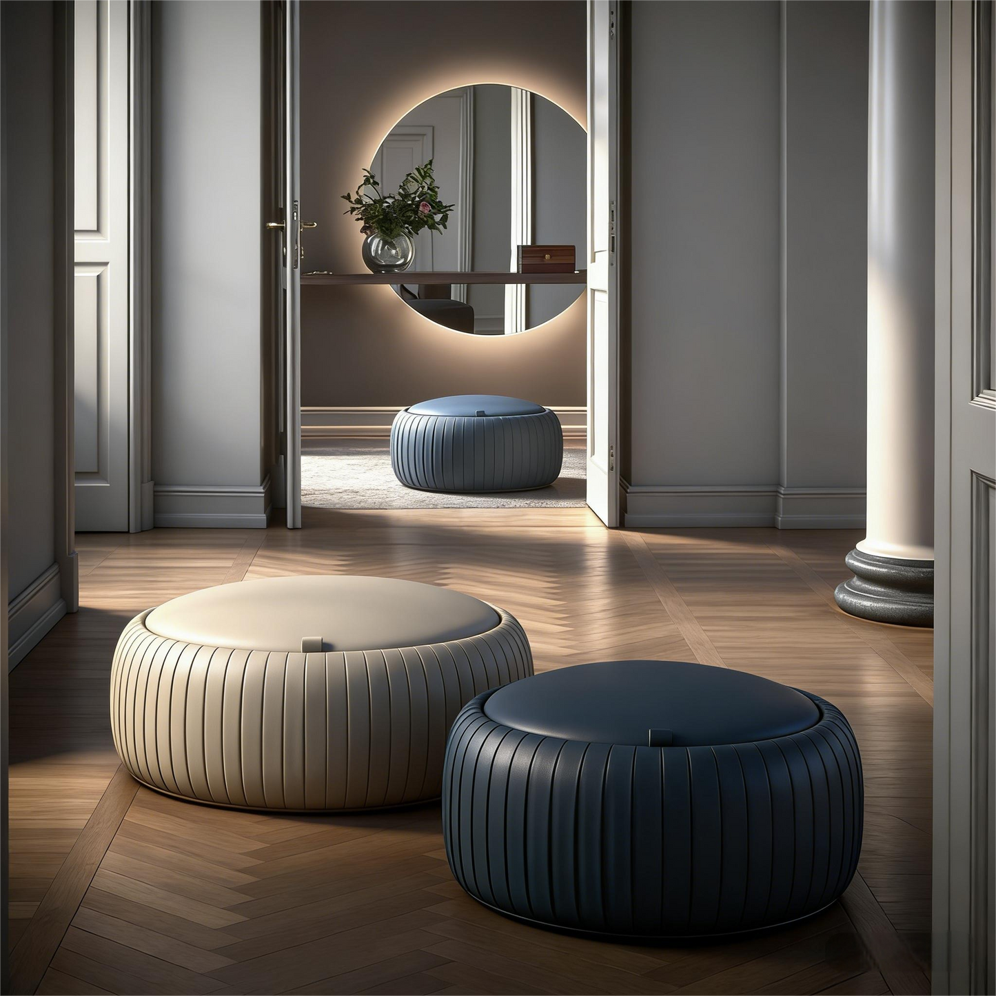 Scandinavian Luxury Pleated Leather Round Stool