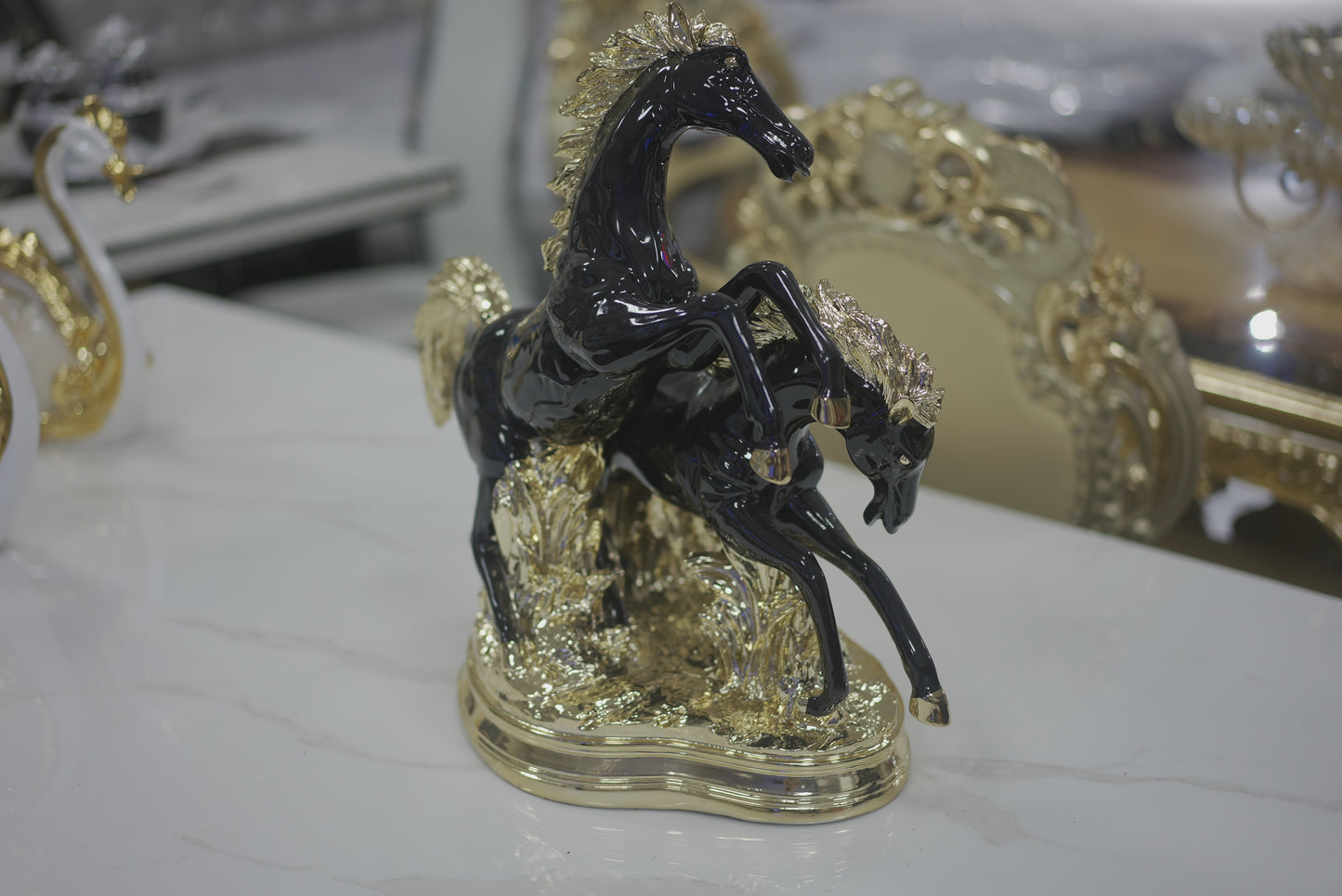 Golden Saddle White Black Horse Decor