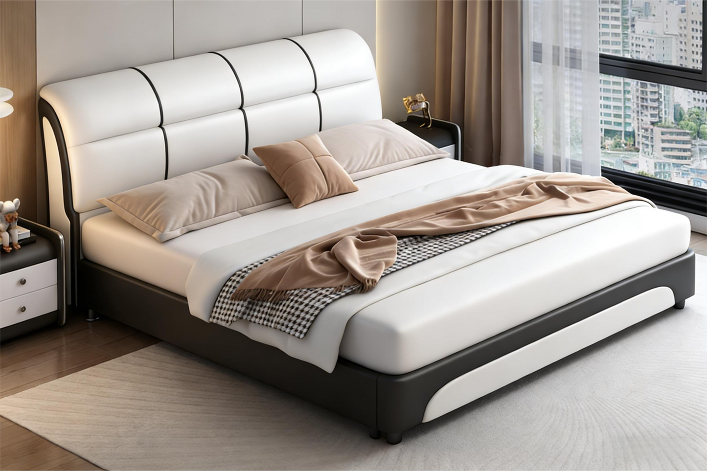 Modern Minimalist Luxury Black & White Leather Upholstered Bed