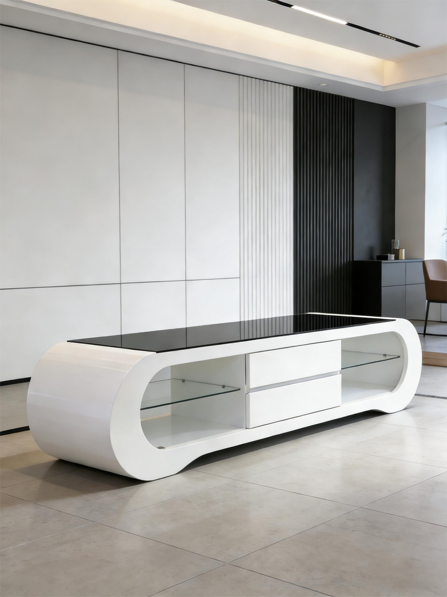 Modern Minimalist White & Black Contrast Streamlined TV Cabinet
