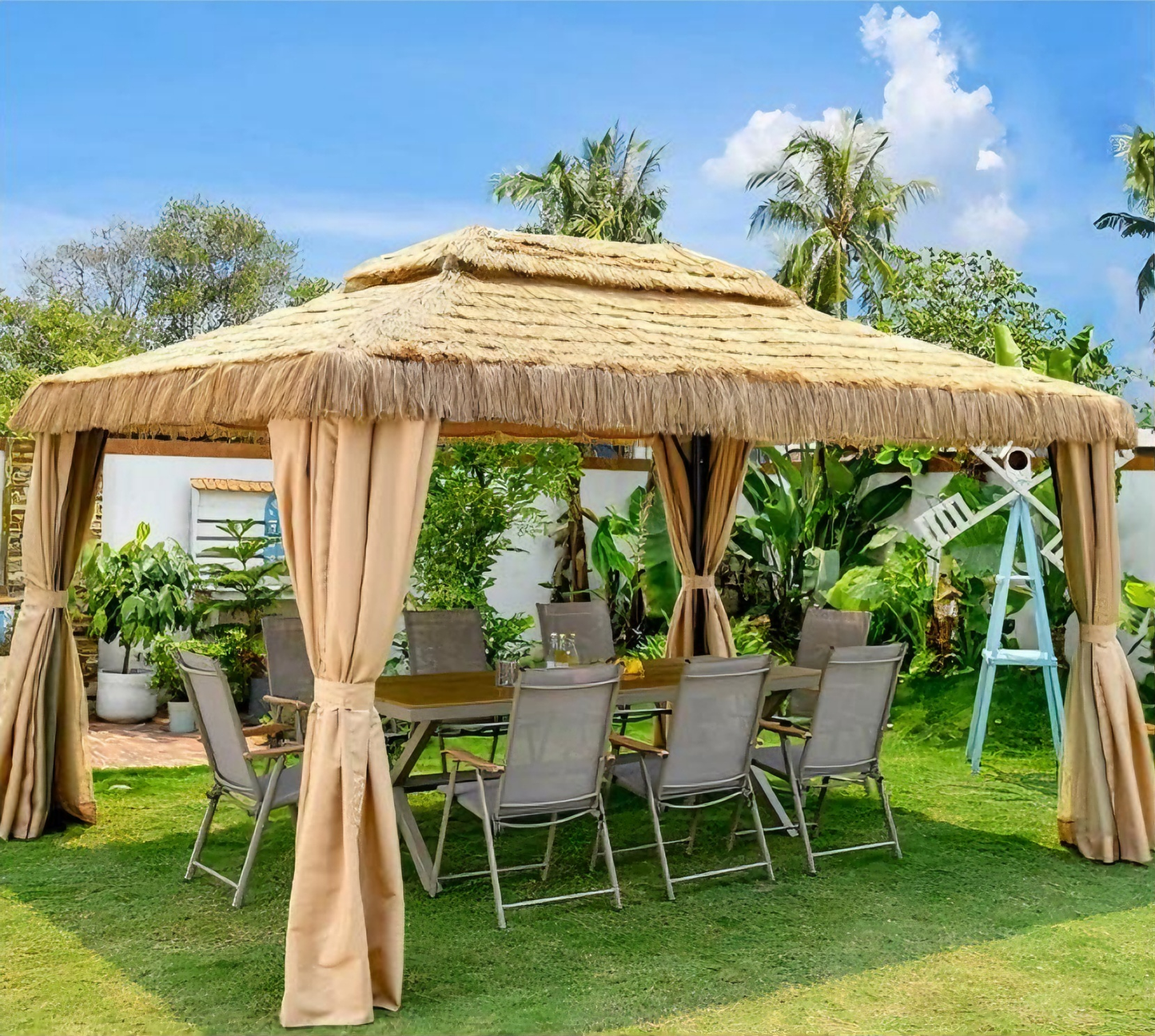Tropical Resort Style Outdoor Thatched Pergola Dining Set