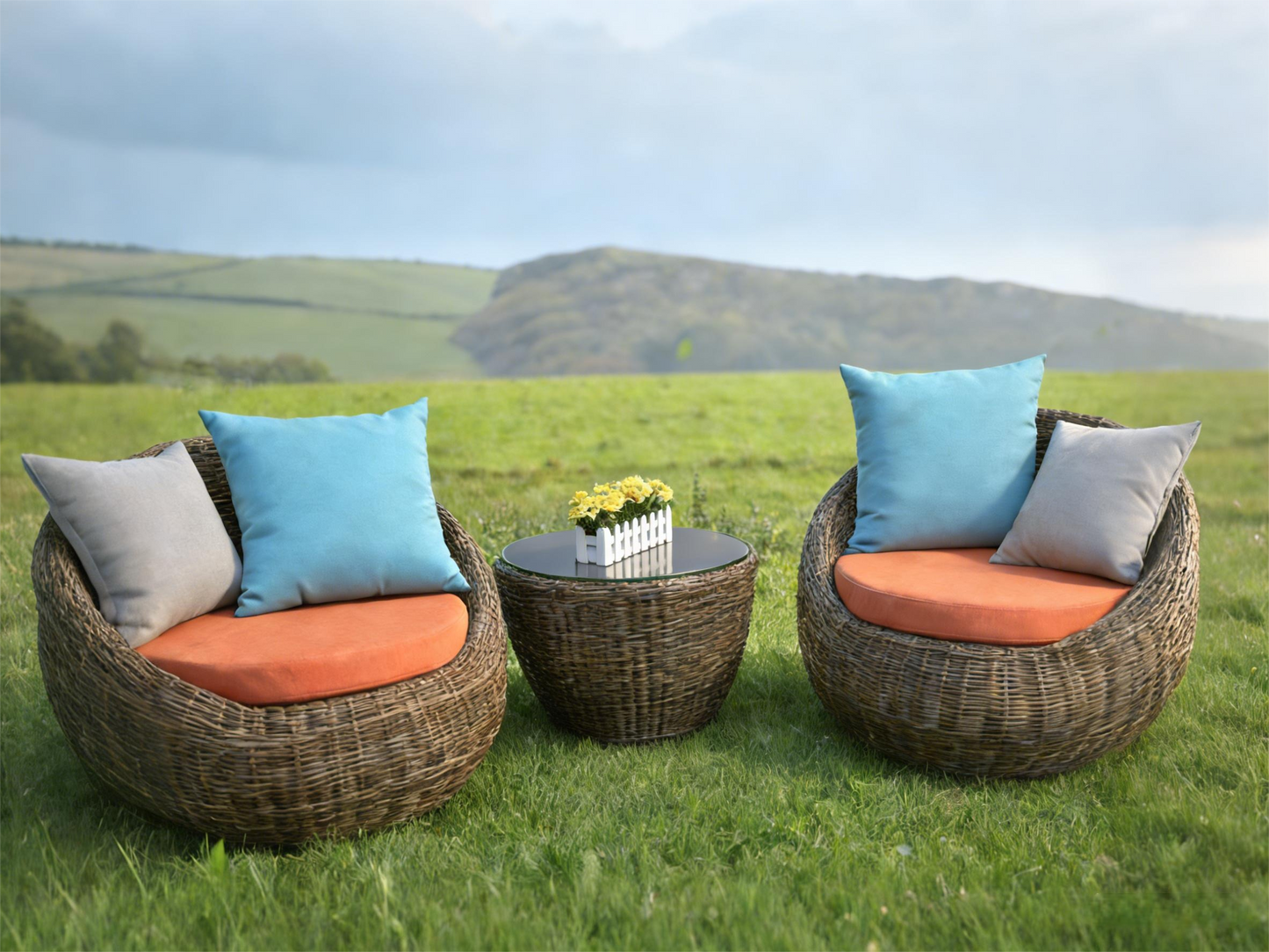 Rustic Style Outdoor Rattan Ball Chair Set