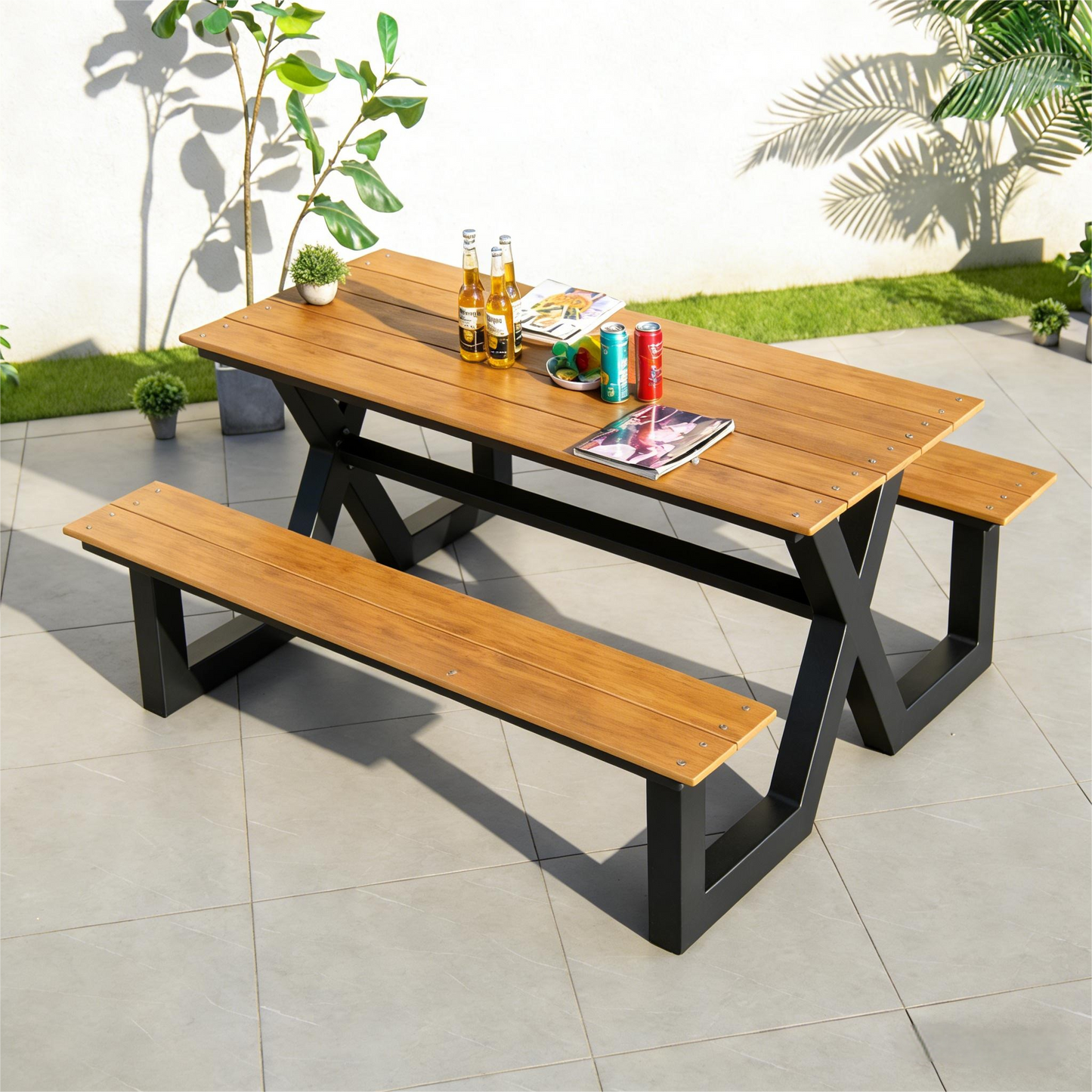 Modern Minimalist Outdoor Picnic Table with Benches (Attached)