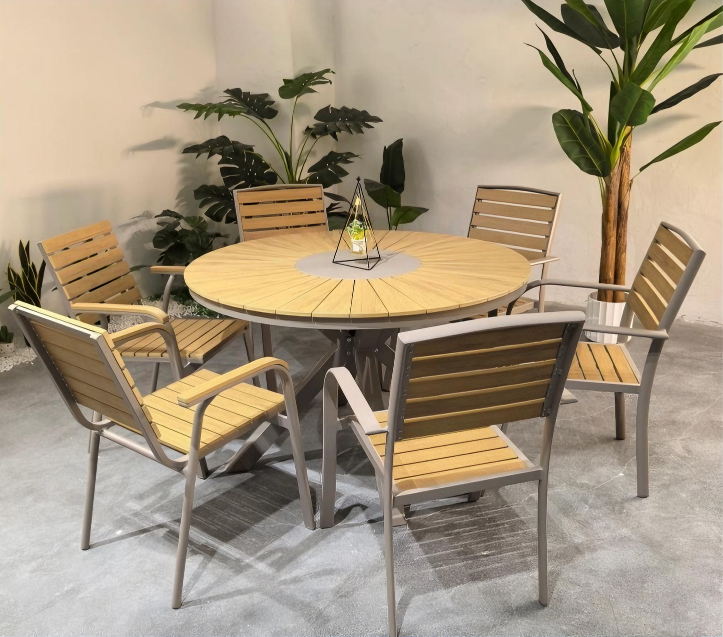 Modern Natural-Lite Style Outdoor Wood-Look Round Dining Set