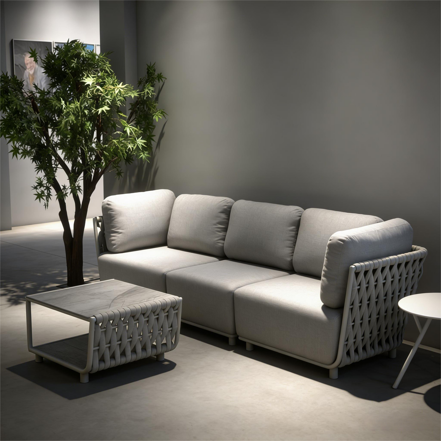 Modern Minimalist Woven Rattan & Fabric Sectional Sofa