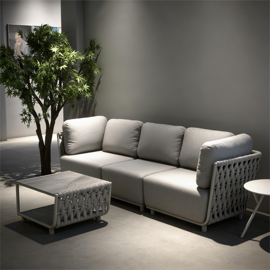 Modern Minimalist Woven Rattan & Fabric Sectional Sofa