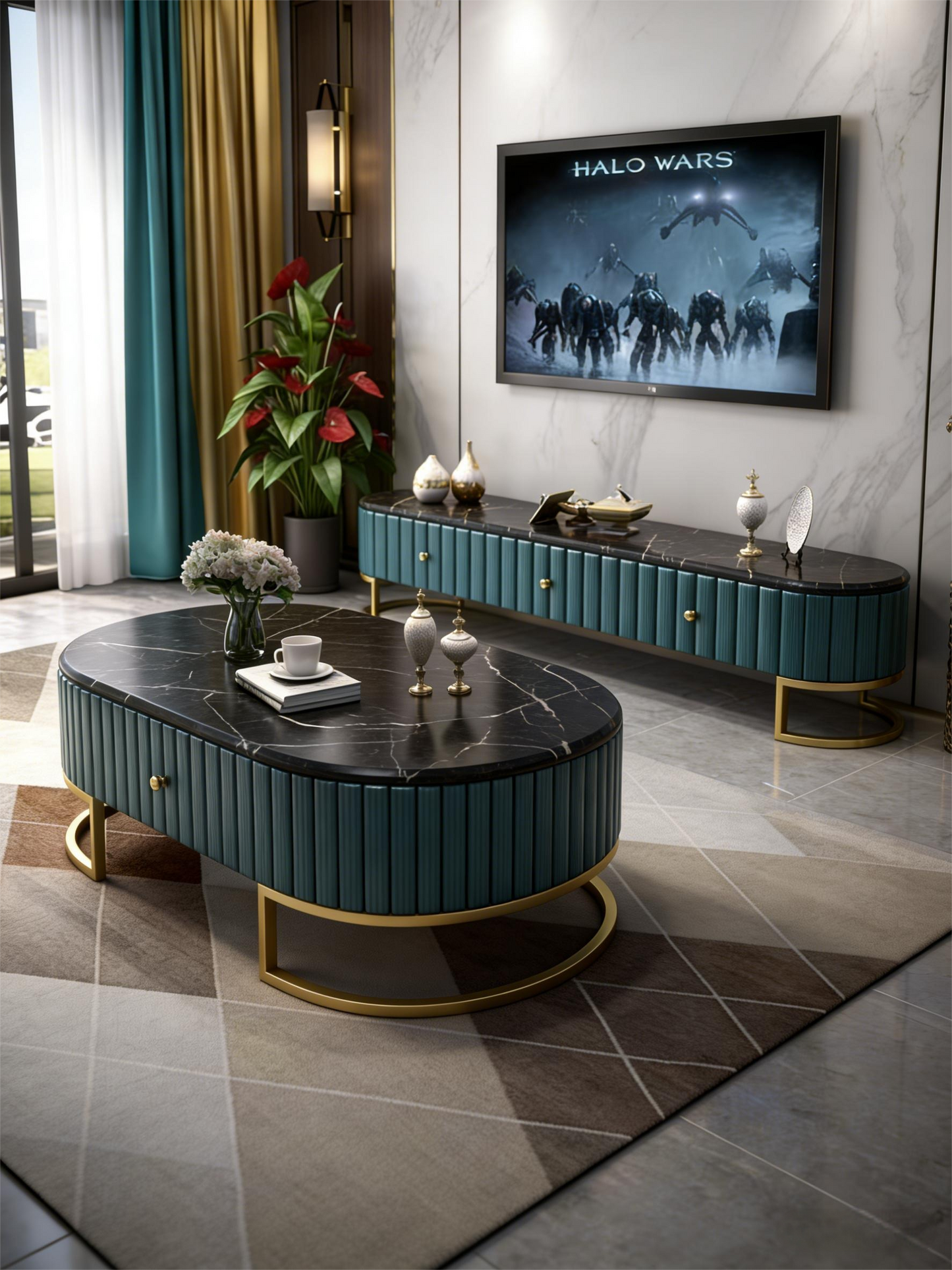 Modern Luxury Style Oval Coffee Table & TV Stand Set