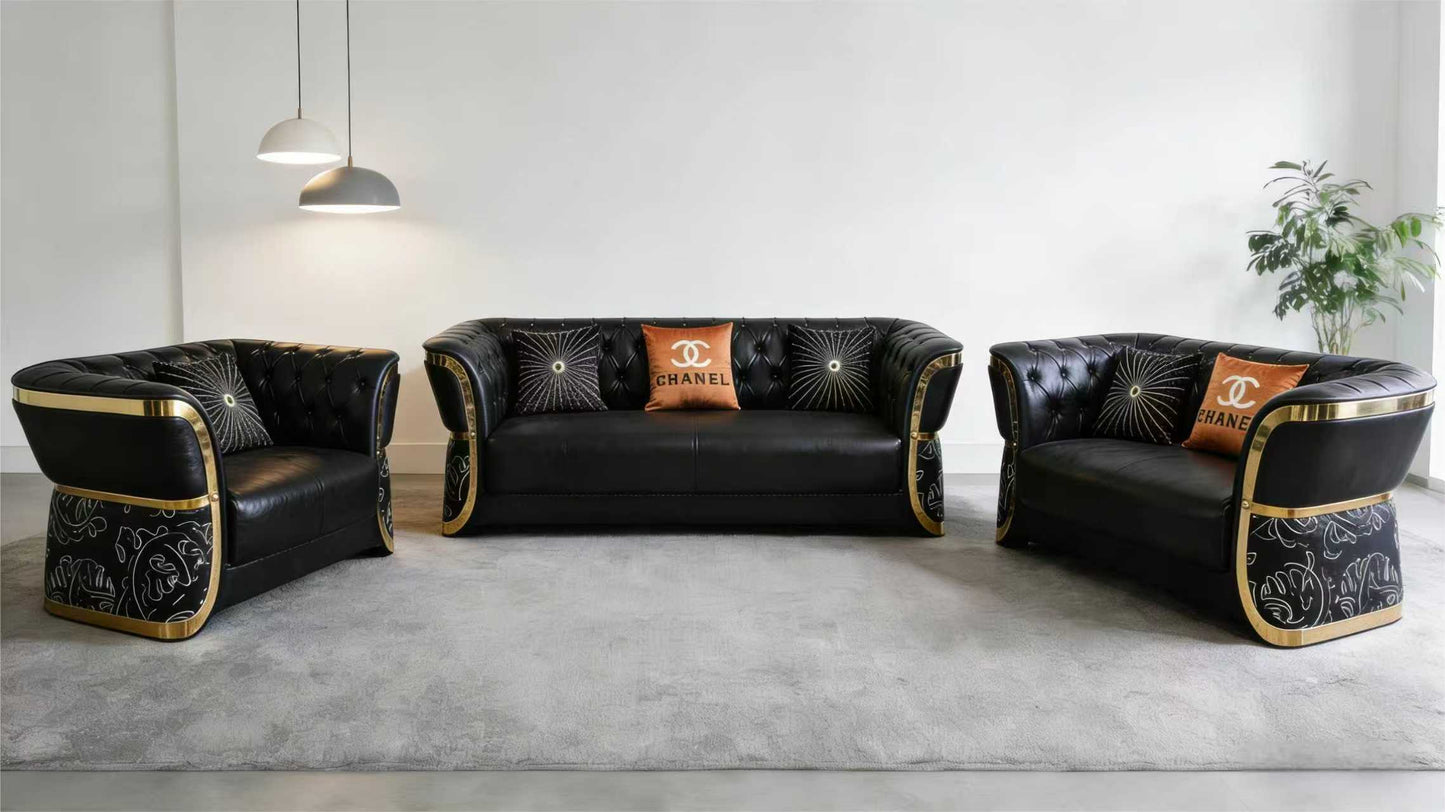 Modern Opulence Black & Gold Contrast Leather Sectional Sofa