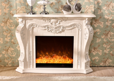 White electric fireplace with a shell-top arched design and carvings