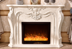 White electric fireplace with a shell-top arched design and carvings
