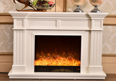 American-style white electric fireplace with fluted columns and wainscoting
