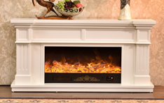 American-style white electric fireplace with fluted columns and wainscoting