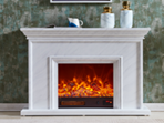 Modern minimalist electric fireplace with a square frame and faux marble finish