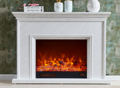 Modern minimalist electric fireplace with a square frame and faux marble finish