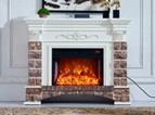 European-style carved electric fireplace with faux cultured stone panels