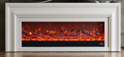 Modern minimalist white electric fireplace with a stepped 3D frame